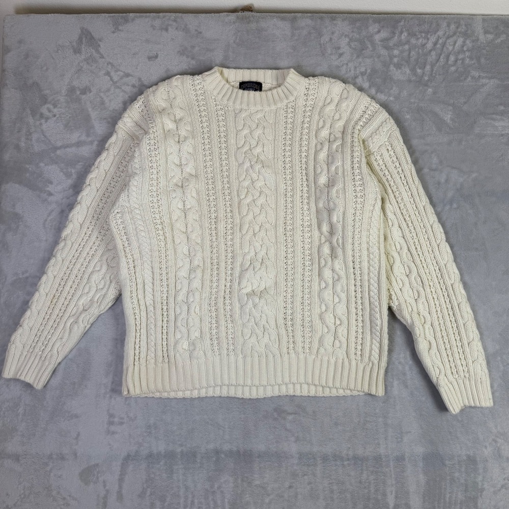 Cambridge Classics Sweater Mens XL Cream White Cable Knit Cotton Fisherman Crew